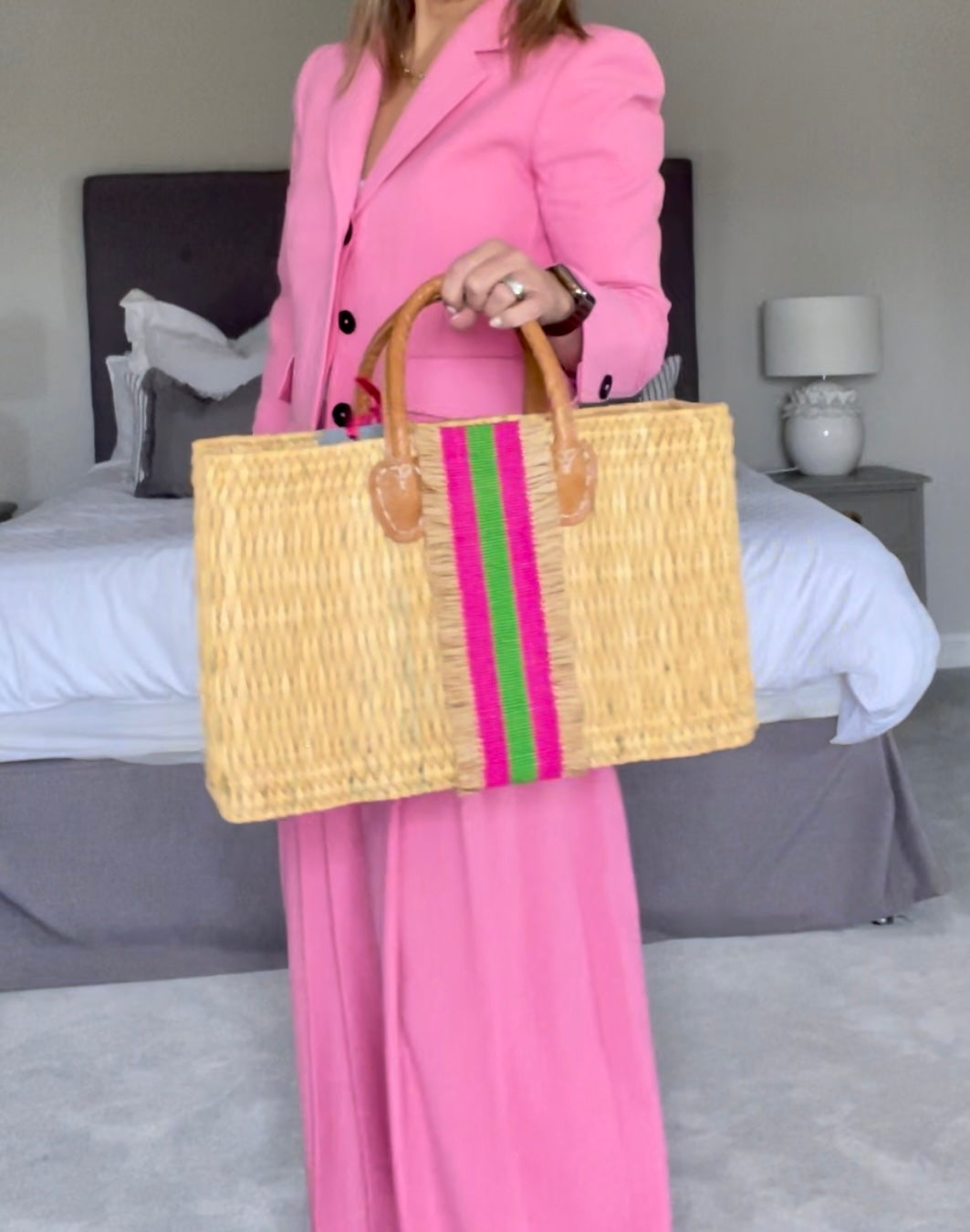 The Rectangle Millie Basket Raffia (Pink & Green or Green & Pink)