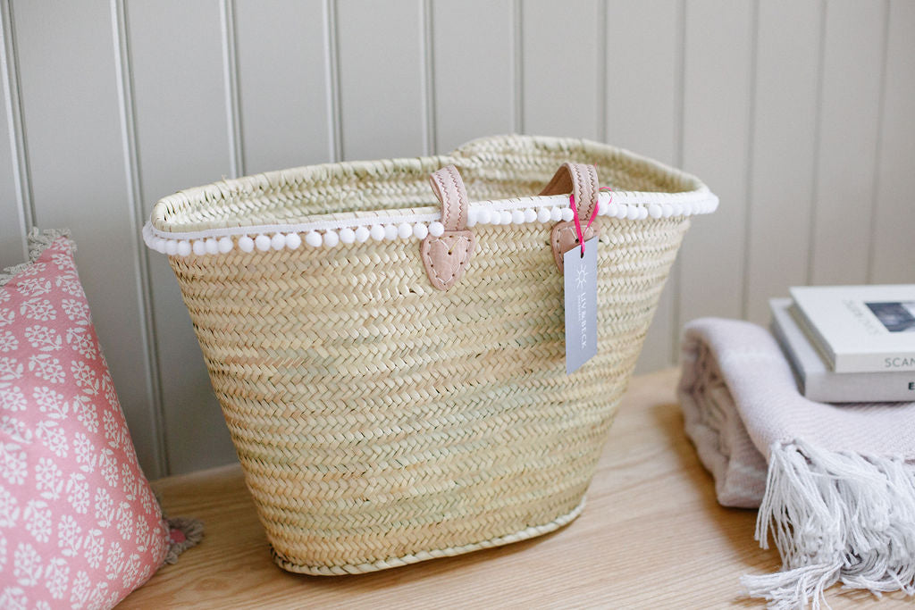 The Millie Basket - (French Grey and white Pom Poms)