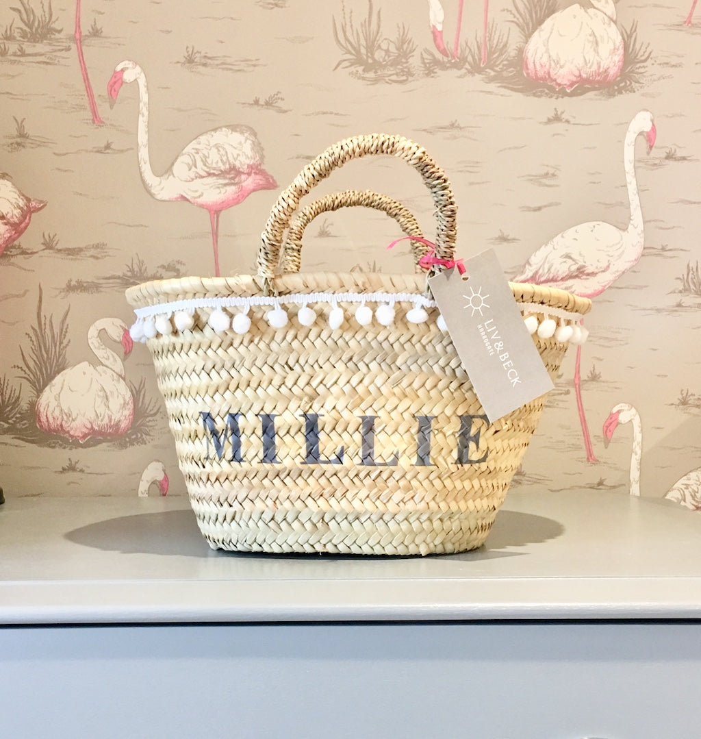 The Livvy Mini Me Basket white pom pom trim (now with leather handles)