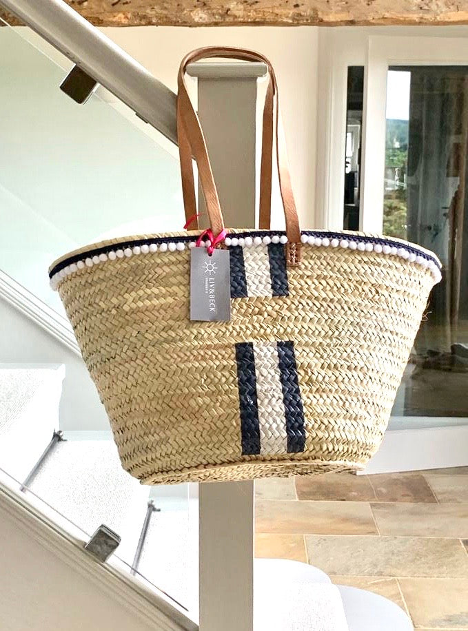 The Millie Basket with 'Long' Handles (White & Blue Paint and Pom Poms)